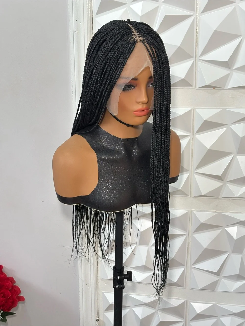 32” Black Box Braided Wig | Handmade Closure Wig T-Line Lace | Lightweight Prote